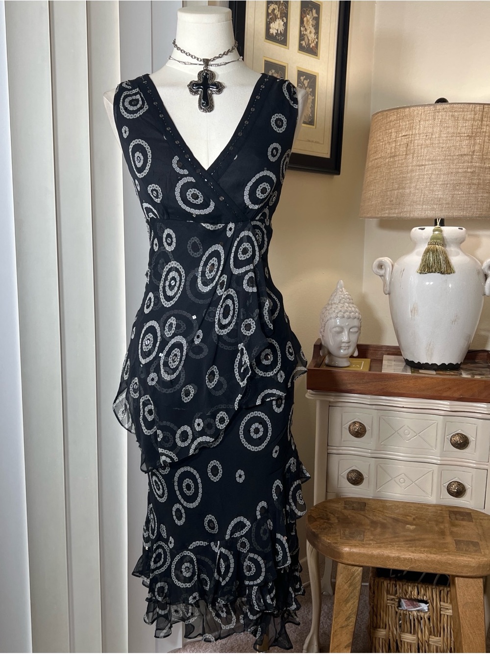 Alfani Silk Sequin Beaded Skirt Set with White Circular Print